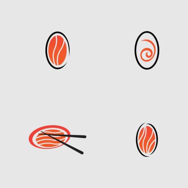 Suşi logoları koleksiyonu. Gri arka planda Japon özelliklerinden biri.
