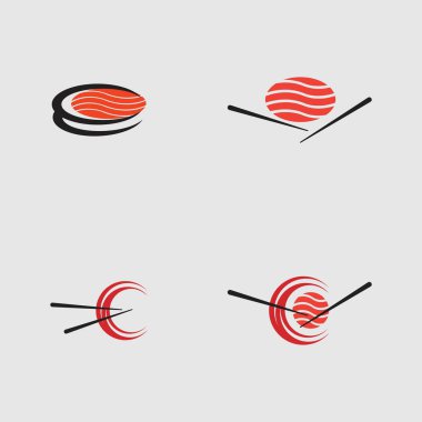 Suşi logoları koleksiyonu. Gri arka planda Japon özelliklerinden biri.