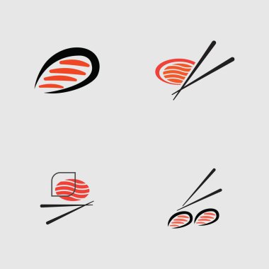 Suşi logoları koleksiyonu. Gri arka planda Japon özelliklerinden biri.