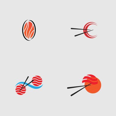 Suşi logoları koleksiyonu. Gri arka planda Japon özelliklerinden biri.