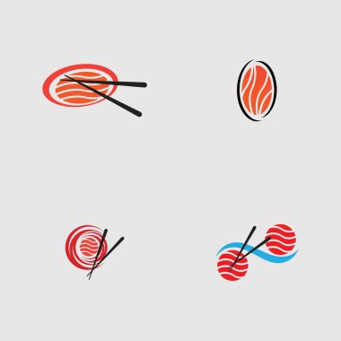 Suşi logoları koleksiyonu. Gri arka planda Japon özelliklerinden biri.