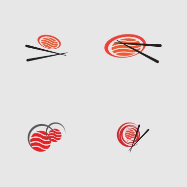 Suşi logoları koleksiyonu. Gri arka planda Japon özelliklerinden biri.