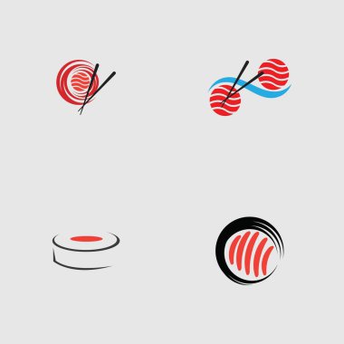 Suşi logoları koleksiyonu. Gri arka planda Japon özelliklerinden biri.