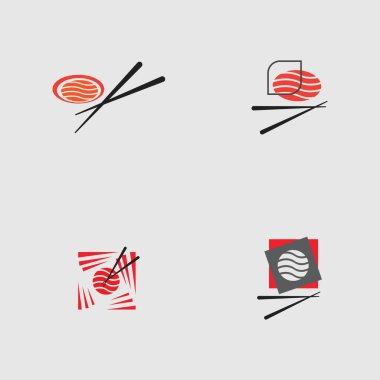 Suşi logoları koleksiyonu. Gri arka planda Japon özelliklerinden biri.