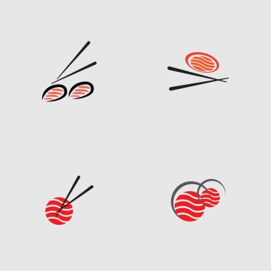 Suşi logoları koleksiyonu. Gri arka planda Japon özelliklerinden biri.