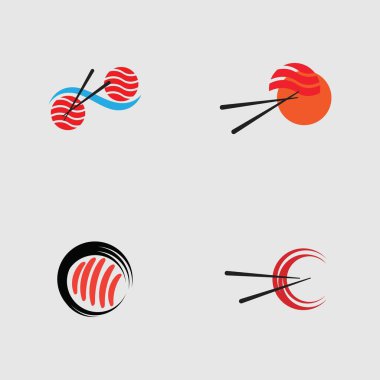 Suşi logoları koleksiyonu. Gri arka planda Japon özelliklerinden biri.