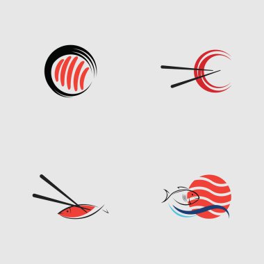 Suşi logoları koleksiyonu. Gri arka planda Japon özelliklerinden biri.