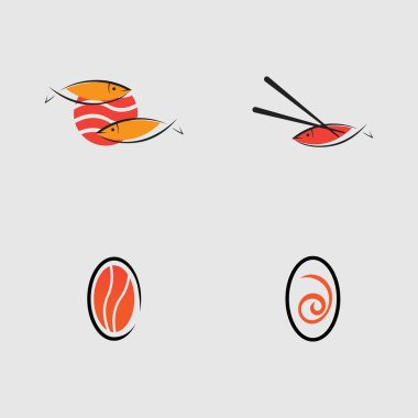 Suşi logoları koleksiyonu. Gri arka planda Japon özelliklerinden biri.