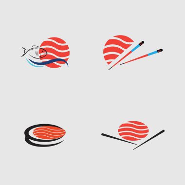 Suşi logoları koleksiyonu. Gri arka planda Japon özelliklerinden biri.