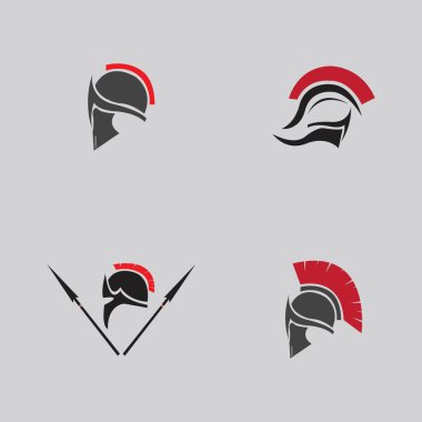 Gri arka planda Sparta savaş kaskı veya miğfer vektör logosu koleksiyonu