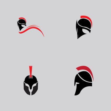 Gri arka planda Sparta savaş kaskı veya miğfer vektör logosu koleksiyonu