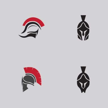 Gri arka planda Sparta savaş kaskı veya miğfer vektör logosu koleksiyonu