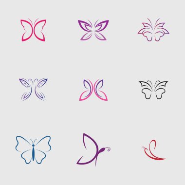 Gri arka planda güzel ve güzel kelebekler koleksiyonu.