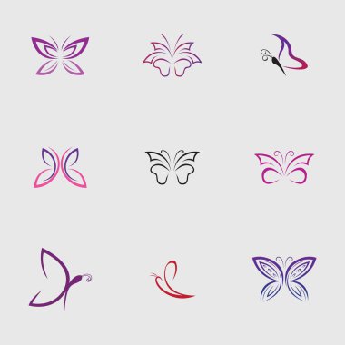 Gri arka planda güzel ve güzel kelebekler koleksiyonu.