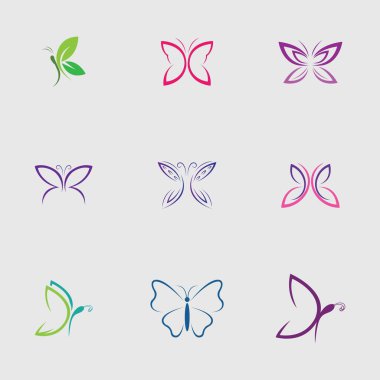 Gri arka planda güzel ve güzel kelebekler koleksiyonu.