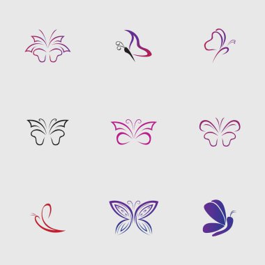 Gri arka planda güzel ve güzel kelebekler koleksiyonu.