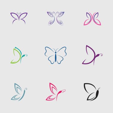 Gri arka planda güzel ve güzel kelebekler koleksiyonu.