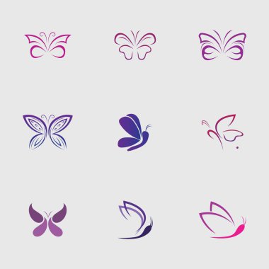 Gri arka planda güzel ve güzel kelebekler koleksiyonu.