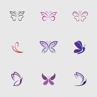 Gri arka planda güzel ve güzel kelebekler koleksiyonu.