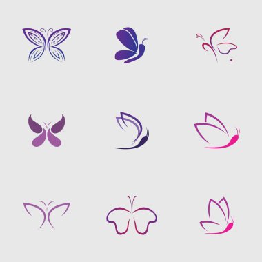 Gri arka planda güzel ve güzel kelebekler koleksiyonu.