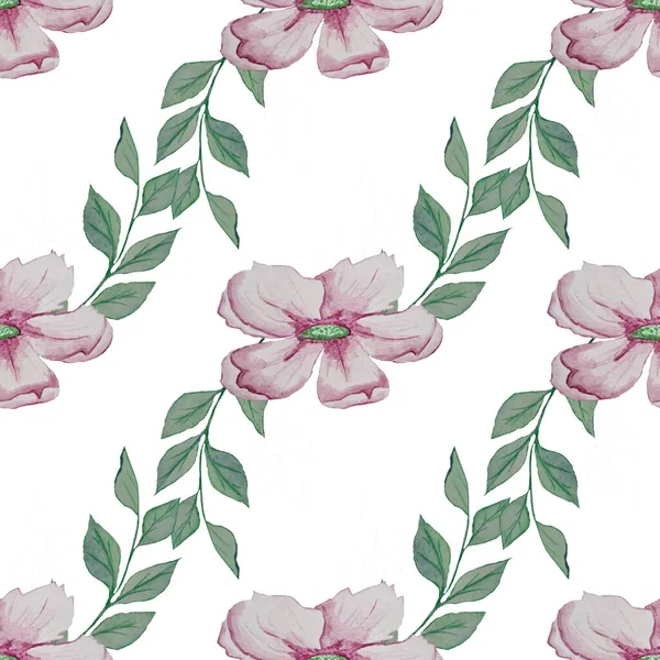 Růžová Akvarel Květiny Zelená Větvička Kvete Létě Jaře Vzorem — Stock fotografie