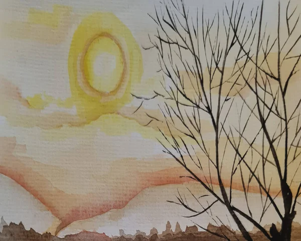 Човен Озері Тлі Заходу Сонця Або Світанку Дереві Сонцем Небі — стокове фото