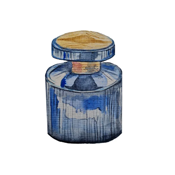 Bottiglia Blu Profumo Eau Toilette Con Coperchio Oro Schizzo Acquerello — Foto Stock