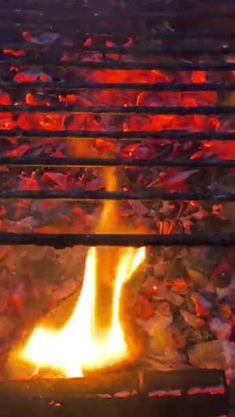 Fogo quente brilhante em troncos de madeira secos e carvão de queimaduras de lenha no churrasco ao ar livre. — Vídeo de Stock