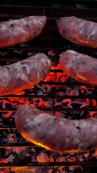 Paistaminen rasvainen baijeri makkarat keitetään grilli tai grilli verkkoon. lähikuva. — kuvapankkivideo