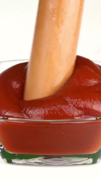 Sausage Dipped Tomato Ketchup Which Lies Glass Bowl Eating Fast — Stock Video