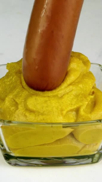 Sausage Dipped Mustard Which Lies Glass Bowl Eating Fast Tasty — Stock Video