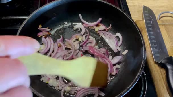 Menschliche Hand rührt gebratene Zwiebel in Pfanne in der heimischen Küche zum Kochen von Lebensmitteln auf dem Herd. — Stockvideo