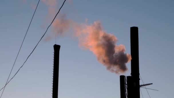 Red smoke from industry chimney boiler room or factory at sunset. — Stock Video