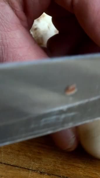 Eetbare champignon champignon snijden op houten keukenbord met scherp mes. — Stockvideo