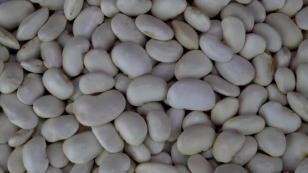 ターンテーブルでゆっくりと回転する白い乾燥した有機腎臓豆、食品の背景. — ストック動画