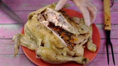 Şefin elleri yerli mutfağın çatal ve bıçağıyla haşlanmış tavuğu parçalara ayırdı. Hazırlık ev yapımı sağlıklı yiyecekler. Yakın plan..