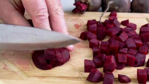 Slicing Purple Raw Beet Small Cubes Vegetable Soup Salad Wooden — Stock Video