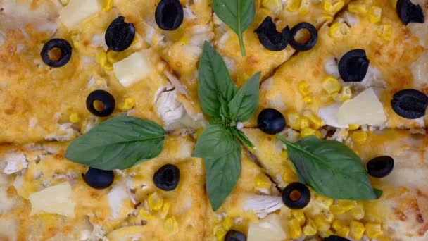 Pizza Maison Avec Fromage Viande Poulet Olives Feuilles Basilic Tourner — Video