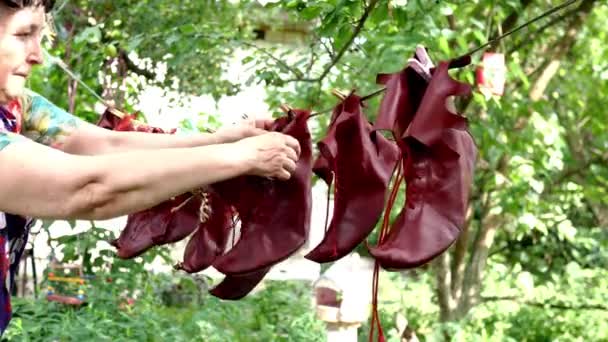 Spezielle Ledernarrenschuhe Werden Nach Der Reinigung Hinterhof Getrocknet Oder Gelüftet — Stockvideo