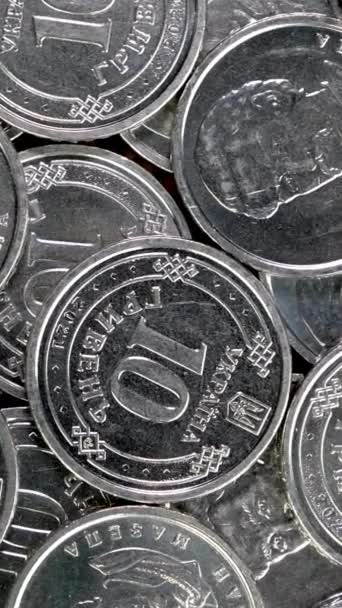 Coins Denomination Ten Ukrainian Hryvnia Rotate Slowly Top View Vertical — Stockvideo