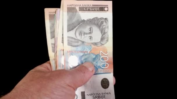Mãos Contando Pilha Dinheiro Dinar Sérvio Custo Diferente Notas Recálculo — Vídeo de Stock