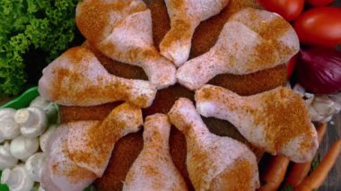 Raw chicken drumsticks sprinkled with spices, with rosemary twigs and vegetable, rotating slowly. Food background on domestic kitchen. Close-up.
