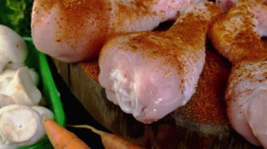 Raw chicken drumsticks sprinkled with spices, with rosemary twigs and vegetable, rotating slowly. Food background on domestic kitchen. Close-up.