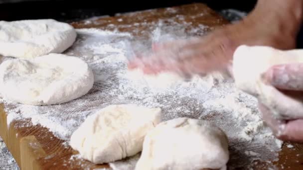 Human Hands Roll Out Fresh Dough Make Bread Pizza Kitchen — Vídeos de Stock