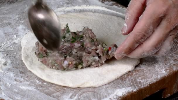 Chef Make Meat Pies Kutaba Chebureki Raw Minced Meat Onions — Stockvideo