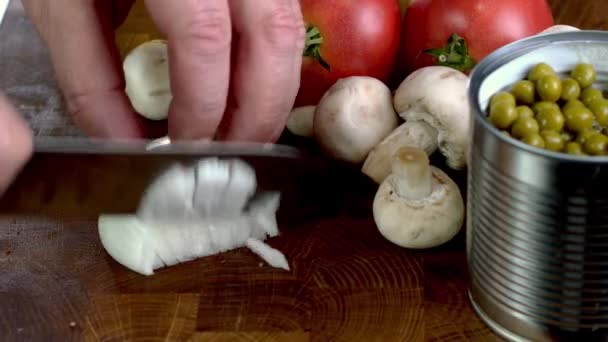 Slicing Finely Raw White Onion Wooden Cutting Board Knife Domestic — Wideo stockowe