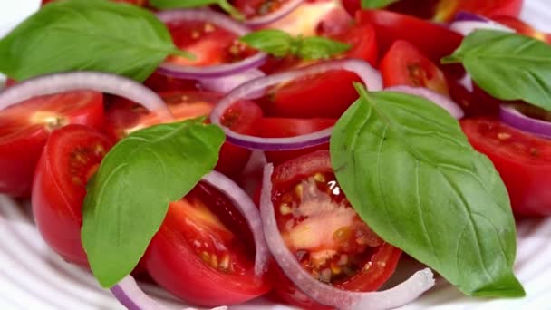Tomato Salad Basil Chopped Onion White Ceramic Dish Rotate Slowly — ストック動画