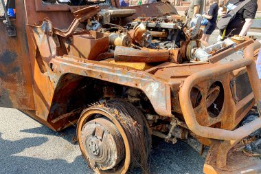 Kyiv, Ukraine, August 2022: - Russian battle technique knocked and destroyed during war Ukraine against Russian aggression are showing to people, on Khreshchatyk in Kyiv. Selective focus. Close up.