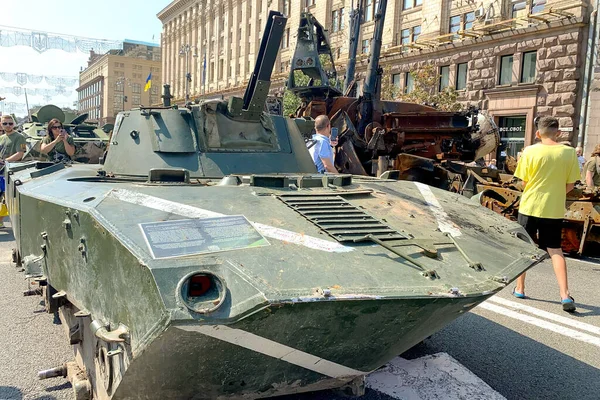 Kyiv, Ukraine, August 2022: - Russian battle technique knocked and destroyed during war Ukraine against Russian aggression are showing to people, on Khreshchatyk in Kyiv. Selective focus. Close up.