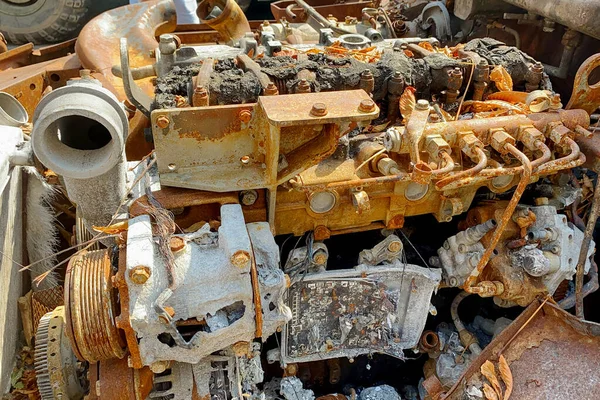 Burnt Engine Abandoned Broken Out Vehicle Fire Damaged City Street — Stock Photo, Image